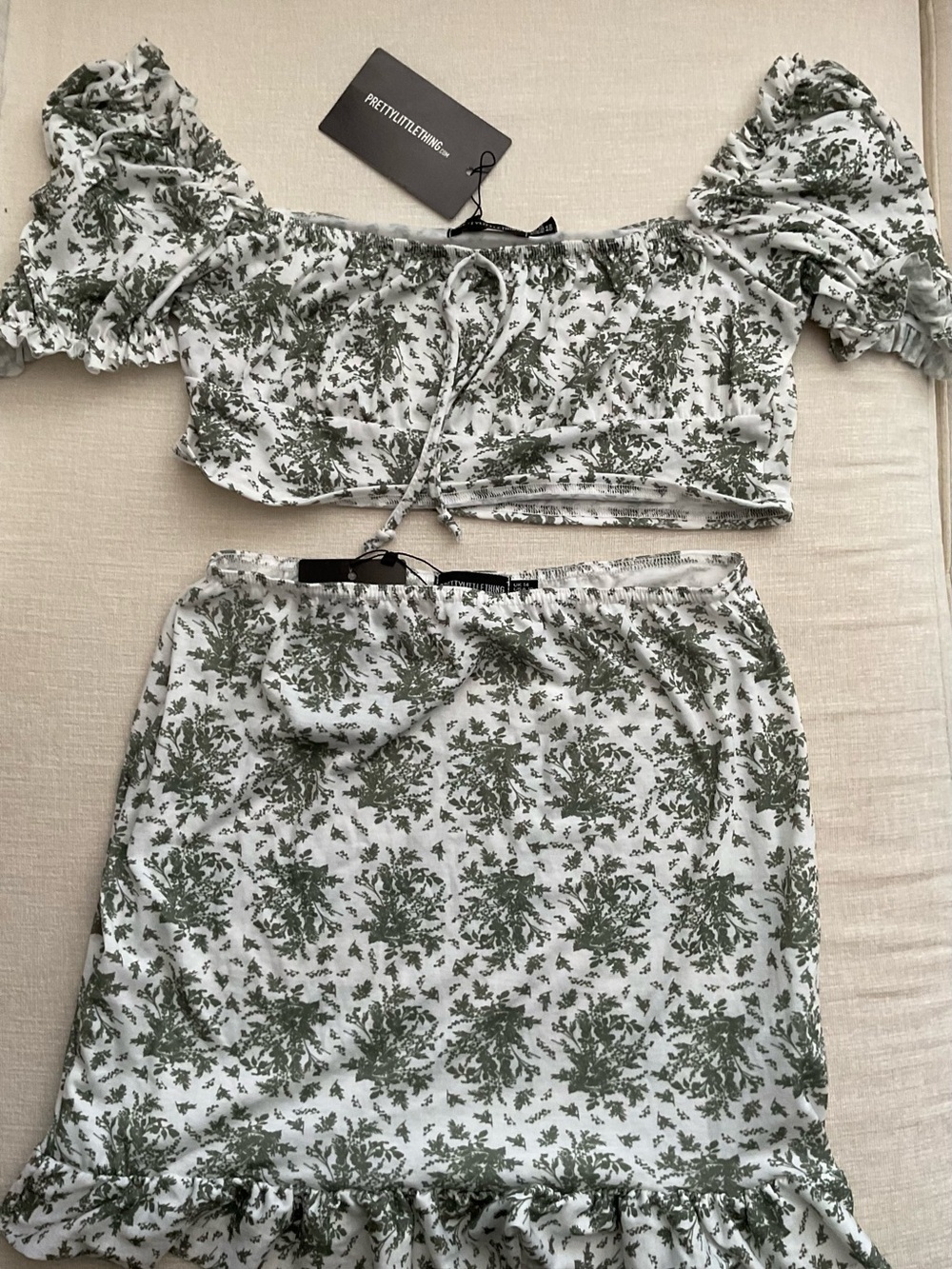 PrettyLittleThing White & Green Floral Ruffle Skirt Set - Picture 1 of 5